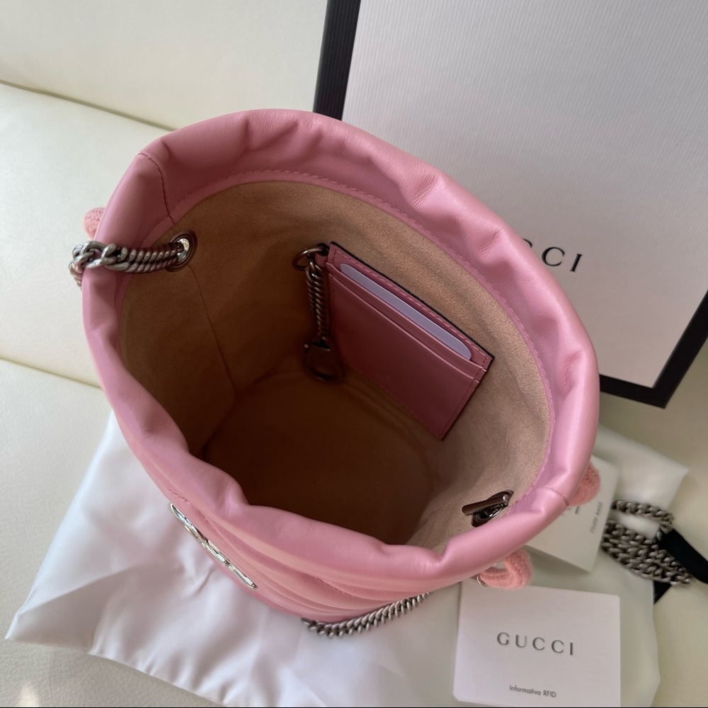 NEW  GUCCI Chevron Calfskin Pink Leather GG Marmont Mini Bucket Chain Bag - Picture 8 of 13